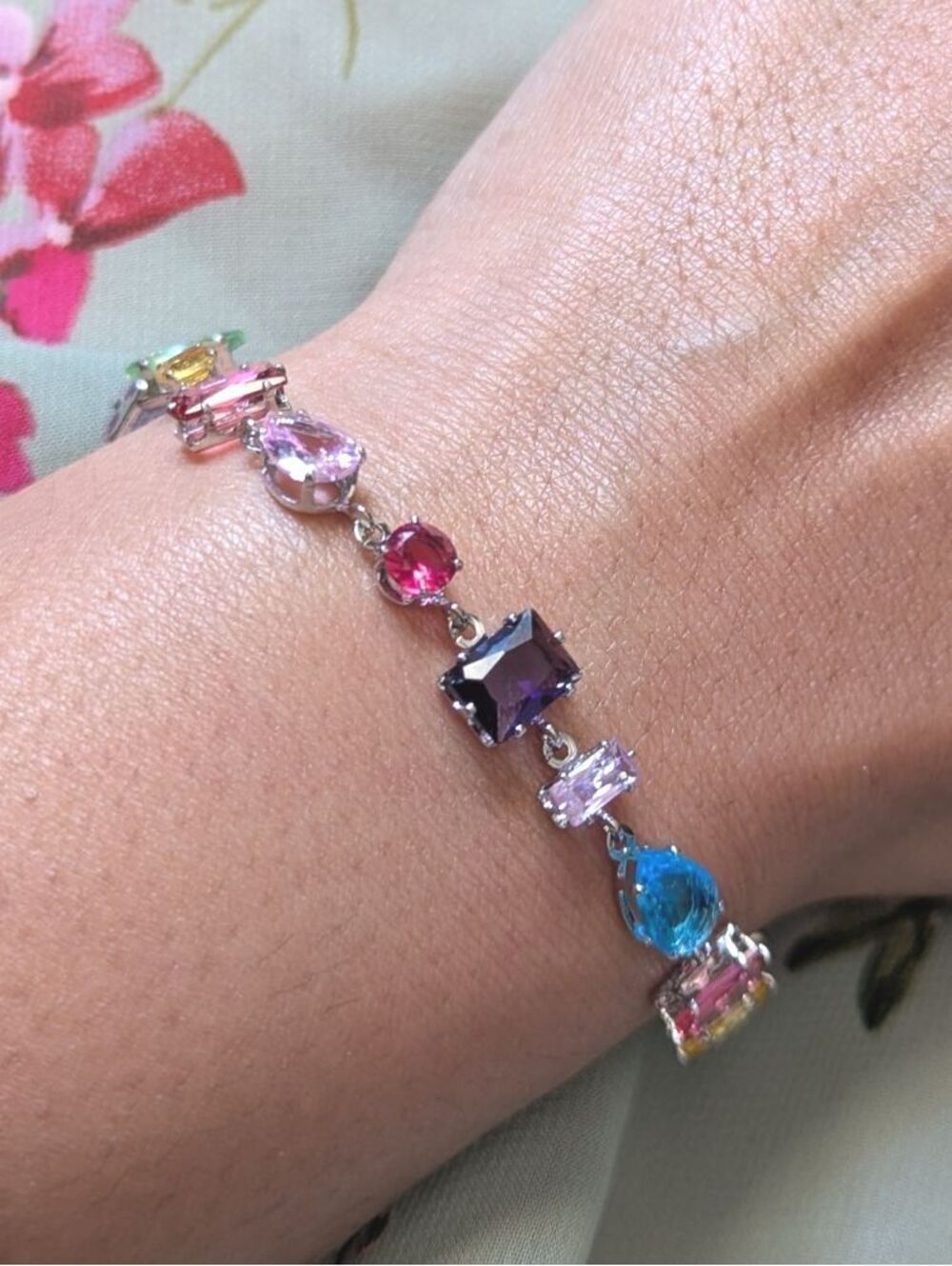 Silver Multicolor Crystal Gemstone Bracelet Spring Summer Sterling 925